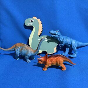 Dinosaur Toys Lot of 4 Plastic / Wood T-Rex Brachiosaurus Triceratops